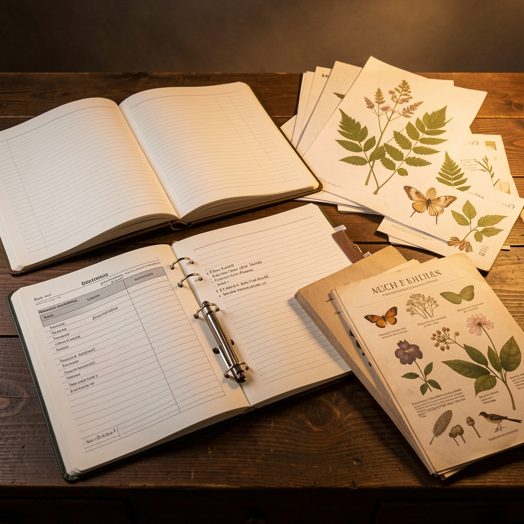 Workspace with open notebooks, batch records, and botanical reference materials arranged on a dark wooden desk under warm studio lighting