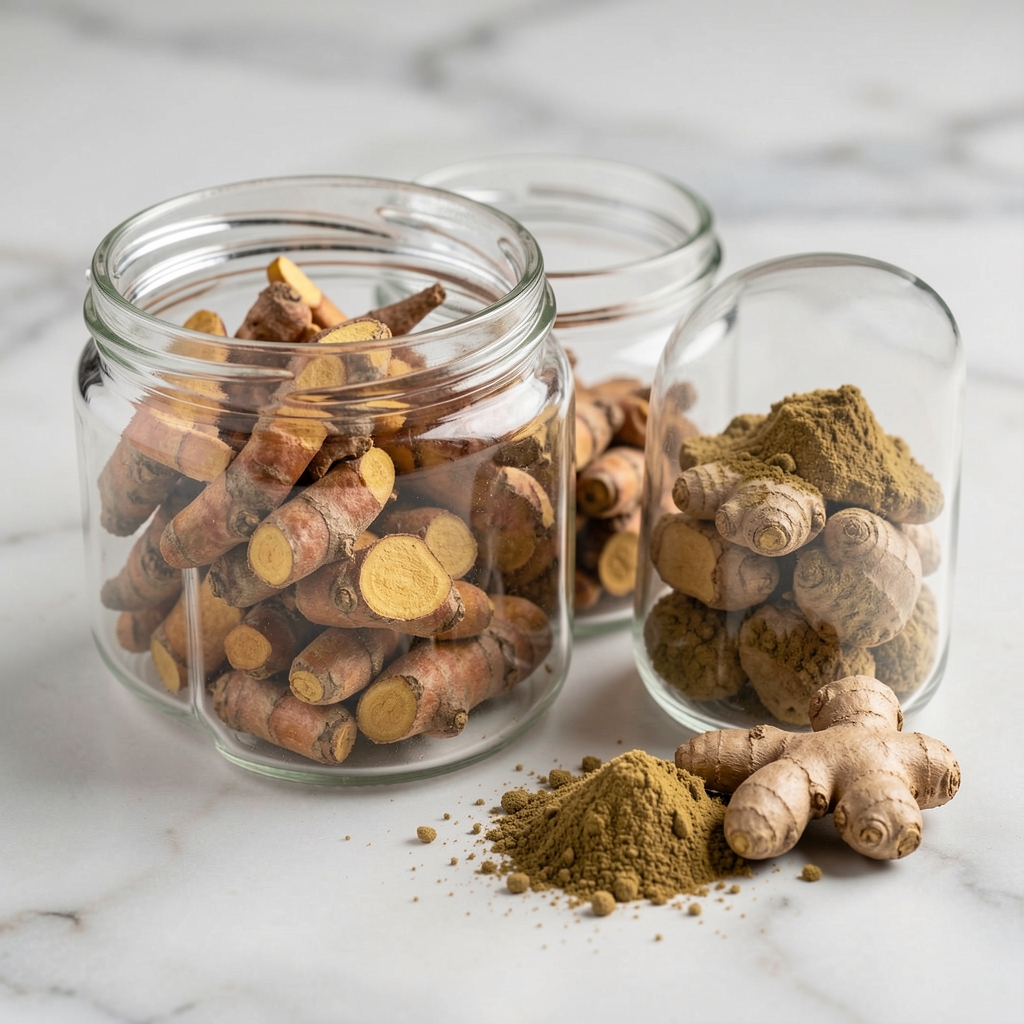 Close-up of glass specimen jars containing dried plant extracts — turmeric root, dried ginger, and ground ashwagandha root on a light marble surface with controlled lighting
