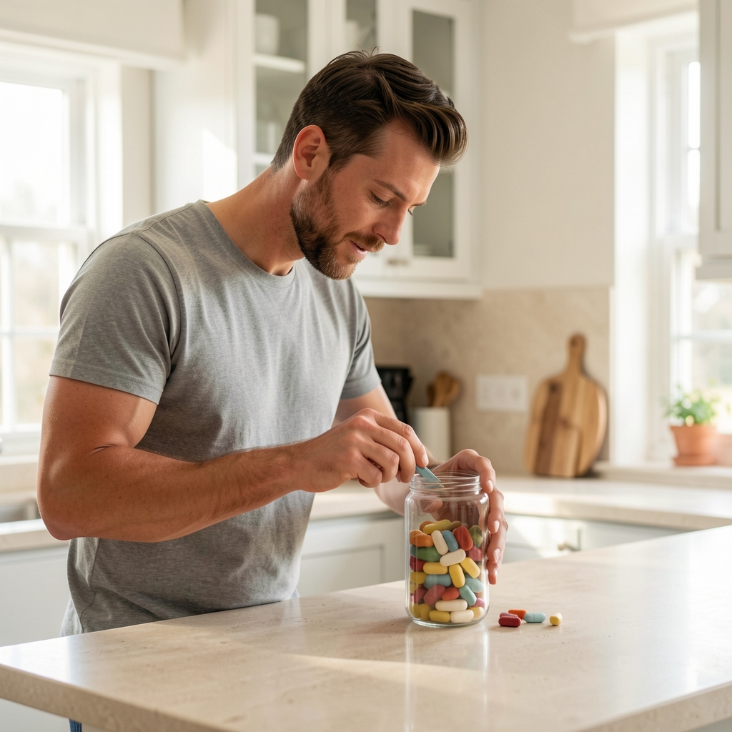 Active man in a clean home setting measuring out his daily supplement from a glass container on a light stone countertop, morning light