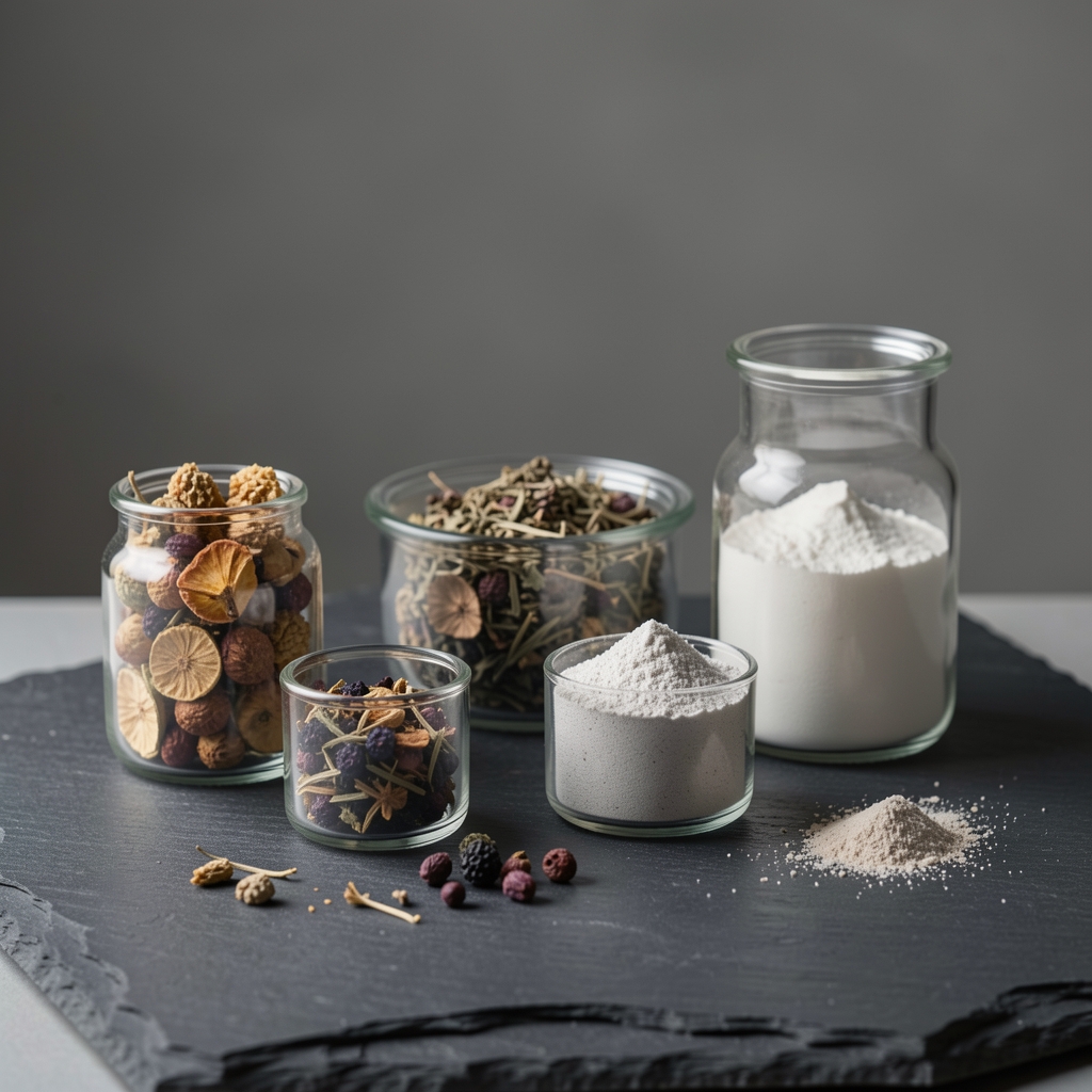 Glass vessels containing dried botanical extracts and mineral powders arranged on a dark stone surface in a minimal workspace with controlled lighting
