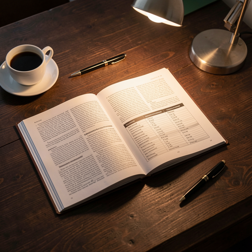 Open research journal and printed nutritional study pages spread across a dark wooden desk with a pen and coffee cup, warm focused desk lamp illuminating the documents