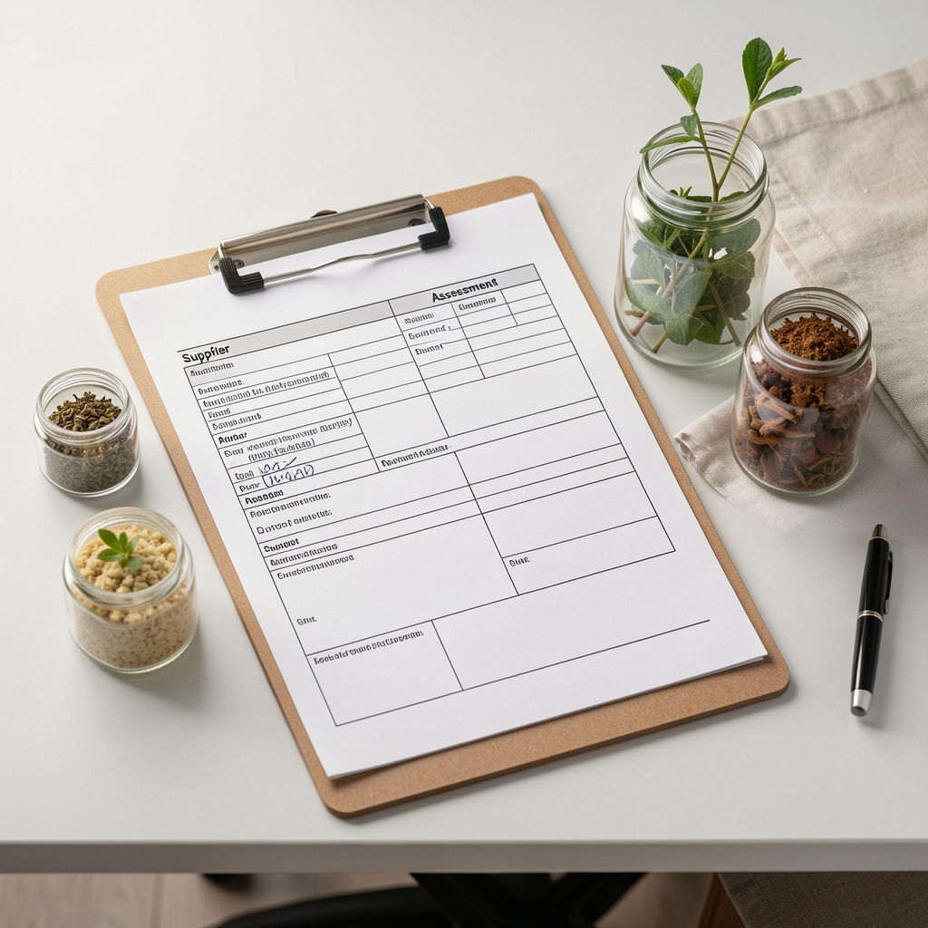 Clipboard with a printed supplier assessment form and pen alongside botanical ingredient samples in small glass jars on a clean workspace surface with controlled lighting