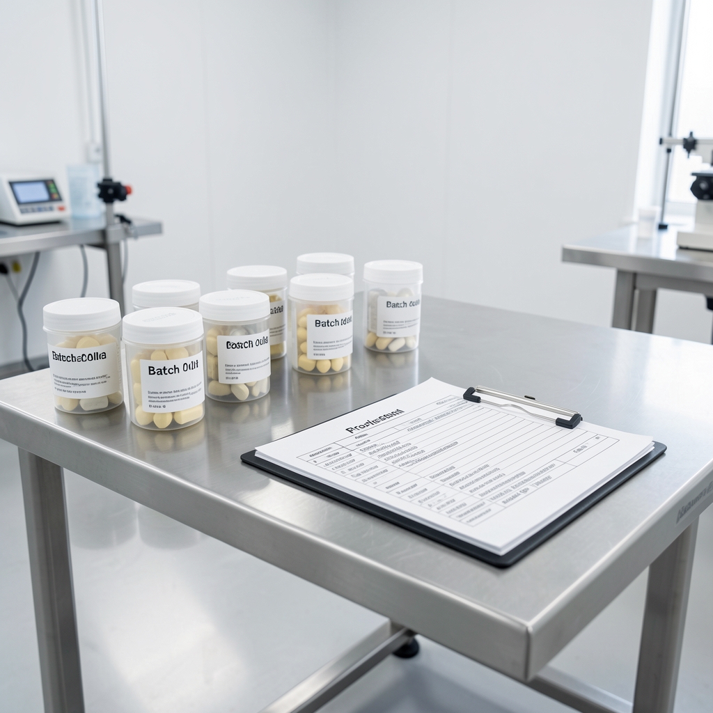 Stainless steel production bench with batch-coded soft-gel containers and printed production records on a clipboard, clean facility environment with white walls and studio lighting
