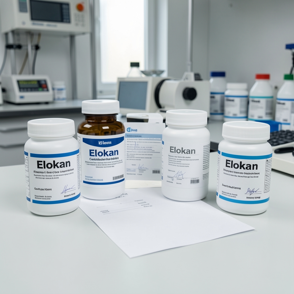 Third-party laboratory certificate of composition document alongside batch-coded Elokan supplement containers on a clean light surface in a quality-control environment