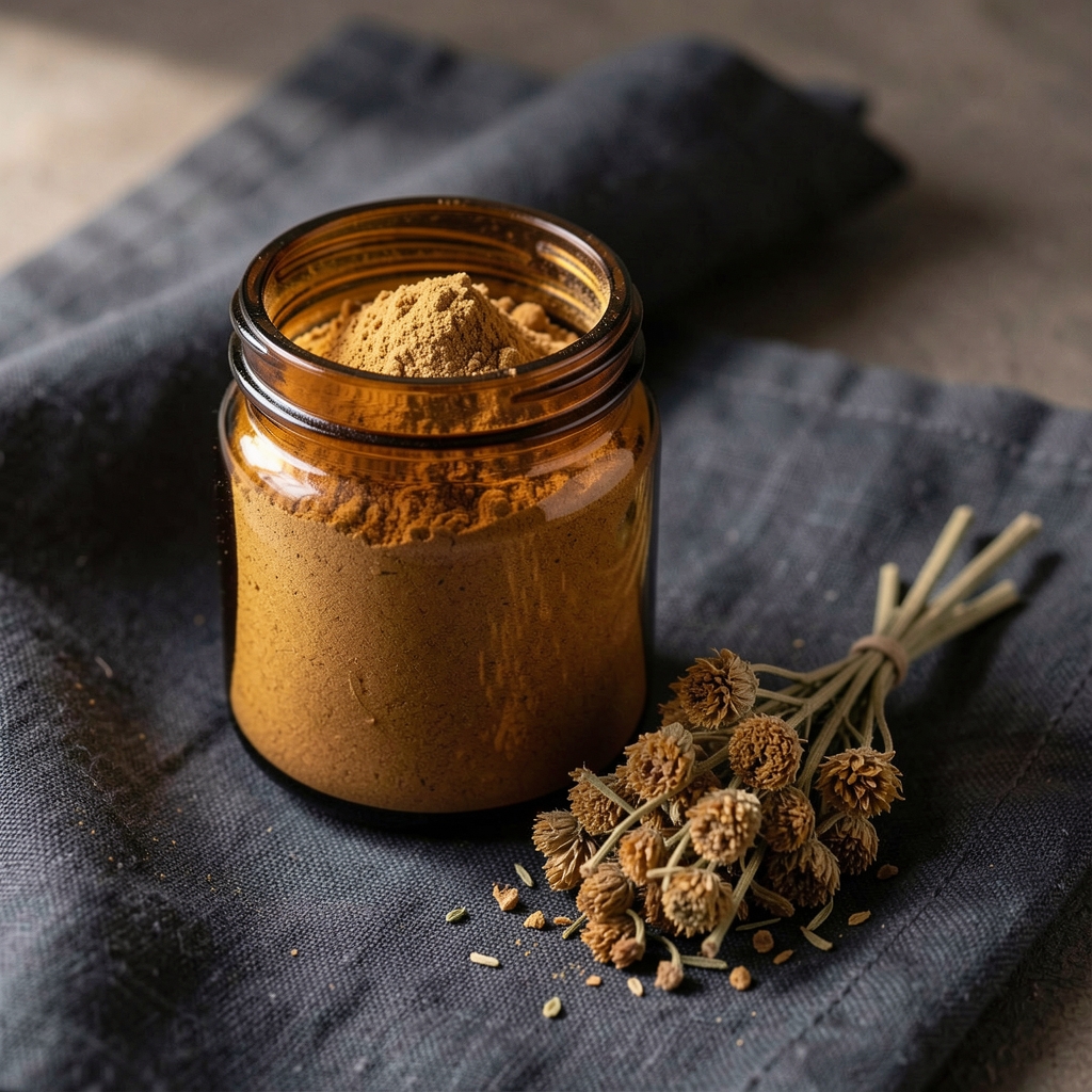 Small amber glass jar of wellness supplement powder alongside a sprig of dried plant extract on a dark linen cloth, natural soft lighting from the left