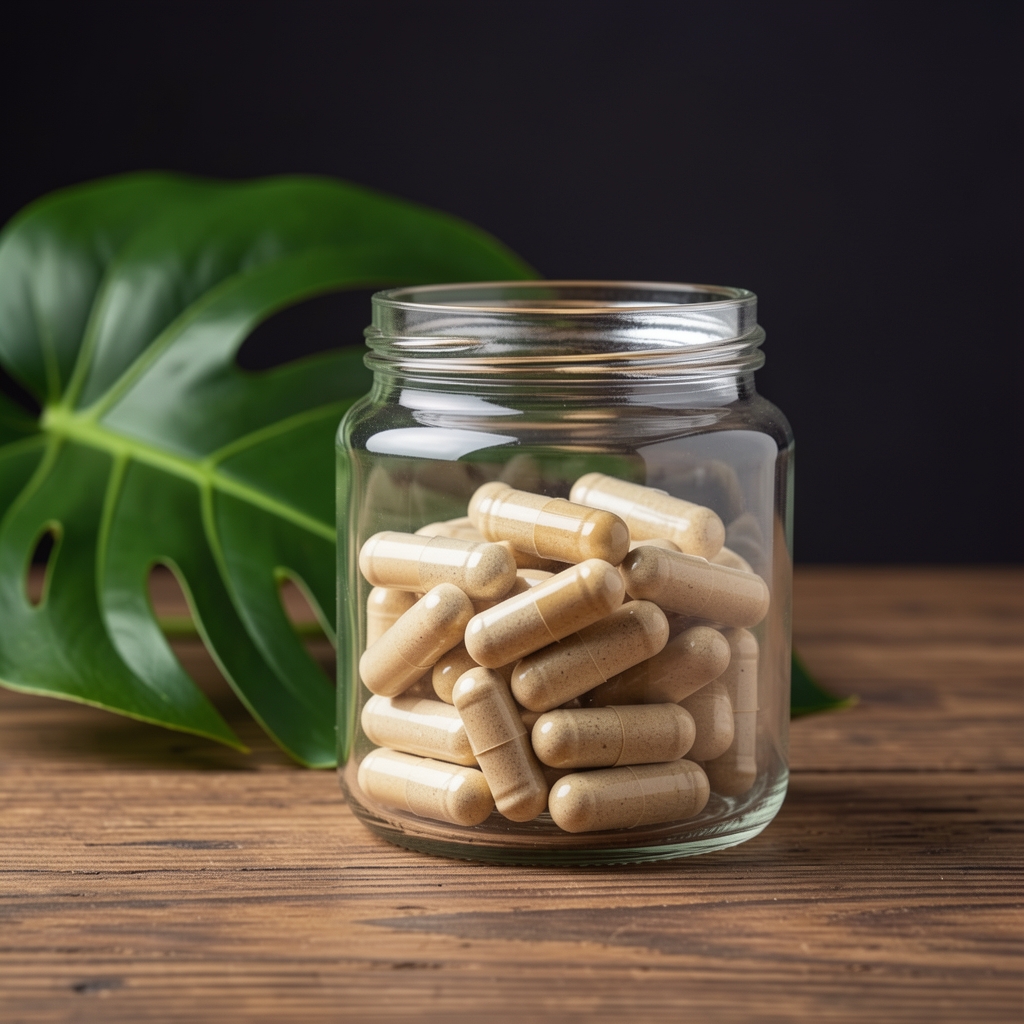 Clear glass jar with plant-based supplement soft-gels on a wooden surface next to a green tropical leaf, close-up studio lighting with dark background