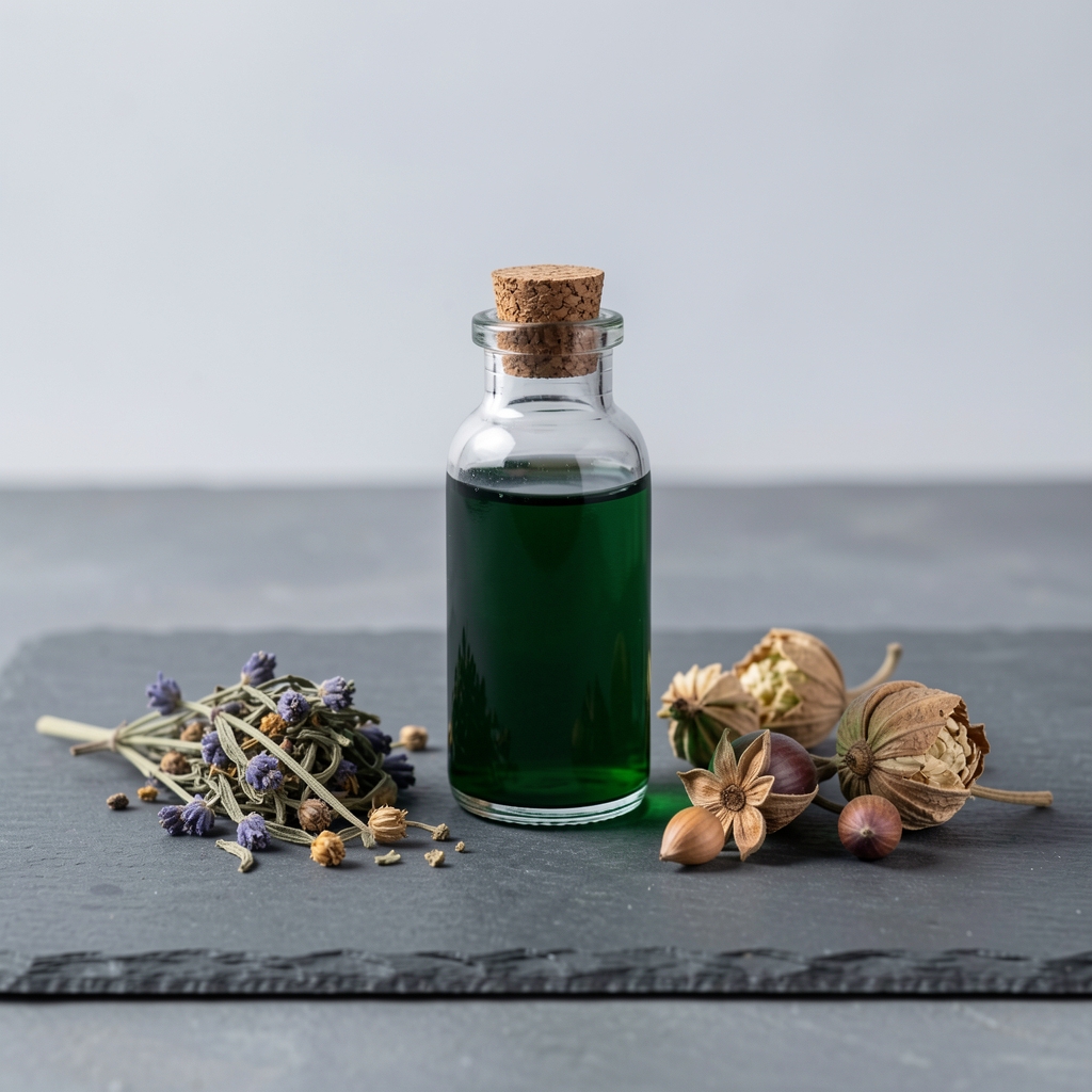 Small glass bottle of deep green liquid supplement extract standing on a slate grey surface next to whole dried botanicals under clean laboratory-style lighting