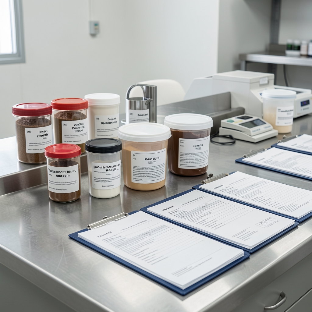 Clean production workspace with stainless steel surfaces, batch-labelled containers, and ingredient documentation folders arranged in systematic order under bright studio lighting