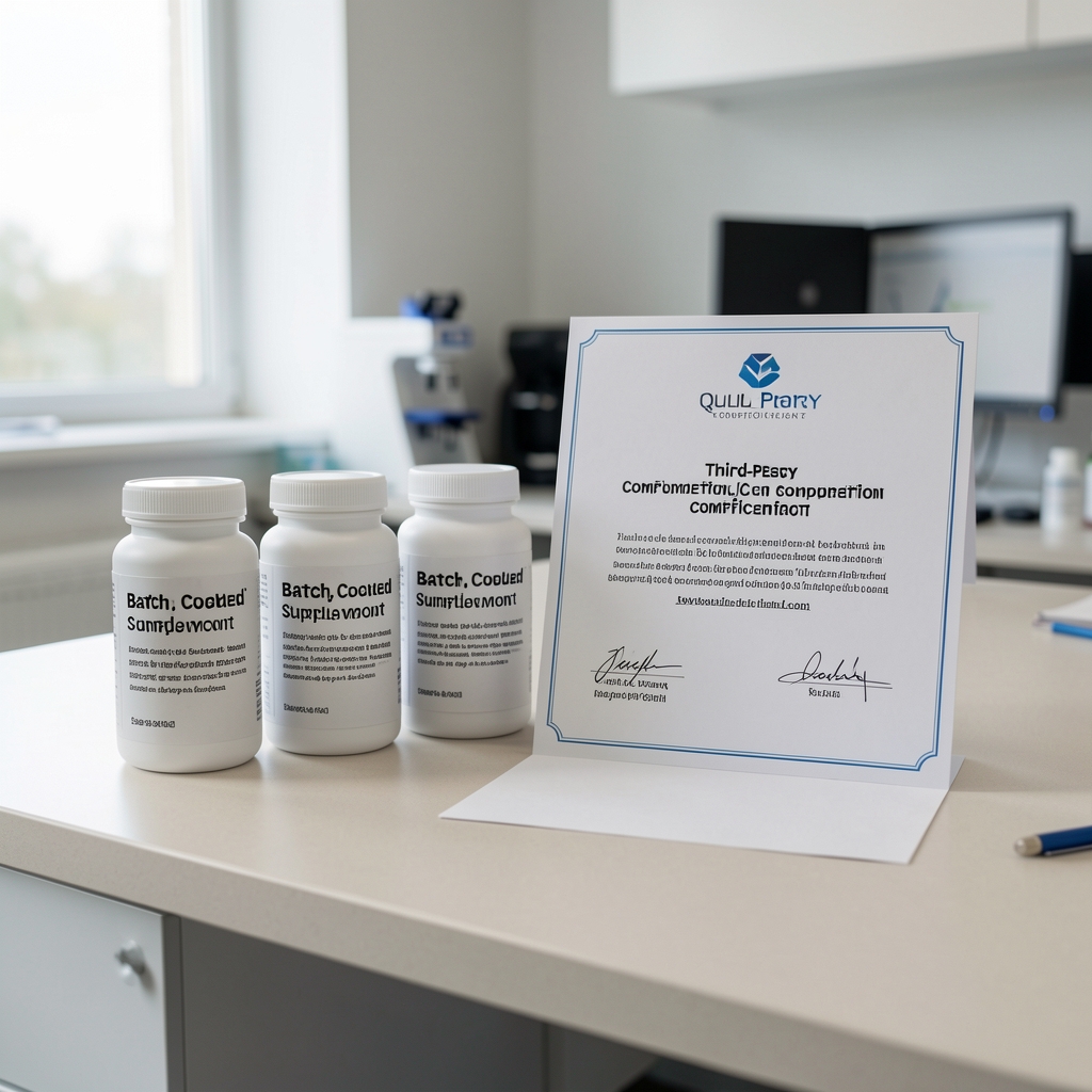 Quality verification workspace showing a third-party composition certificate alongside batch-coded supplement containers on a light-coloured bench surface in a clean workspace