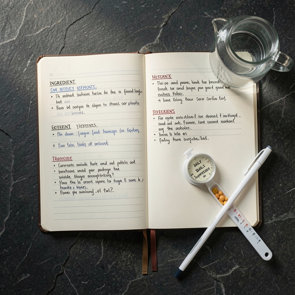 Overhead flat-lay of an open research notebook with ingredient reference notes, a glass water container, and a single daily supplement measure arranged on a dark stone surface